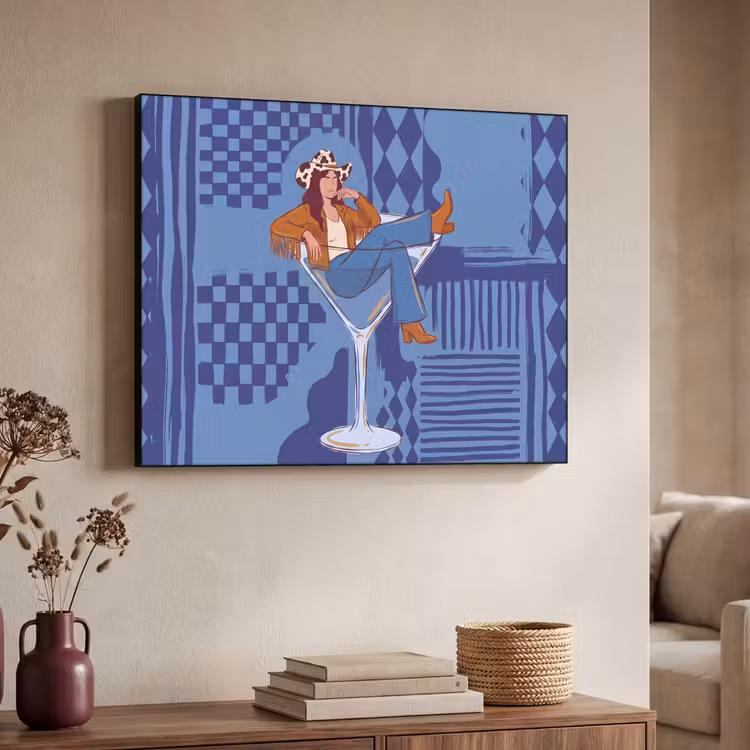 Vrouw - Martini glas - Abstract - Blauw - Kunst Textielframe zwart klein -sfeer3