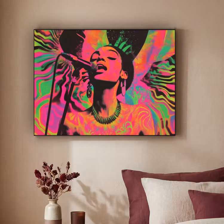 Vrouw - Microfoon - Neon Textielframe - compleet frame klein -sfeer1