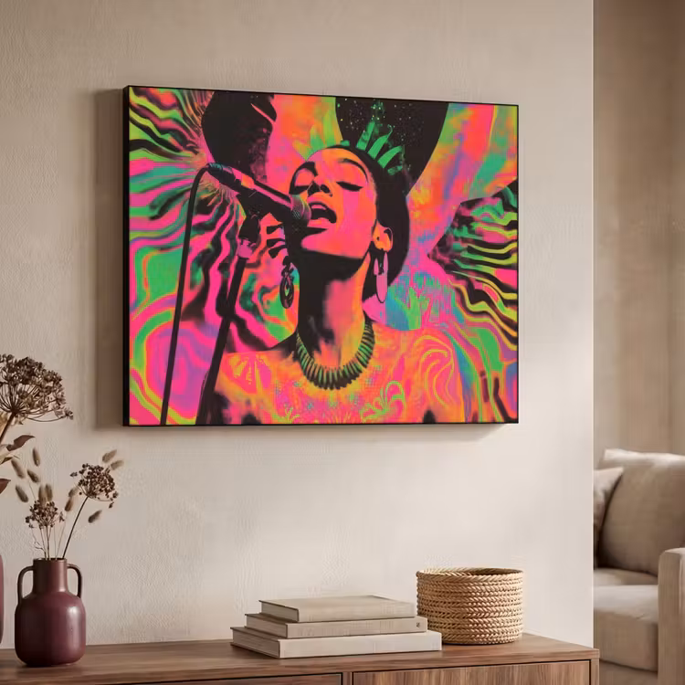 Vrouw - Microfoon - Neon Textielframe - compleet frame klein -sfeer3