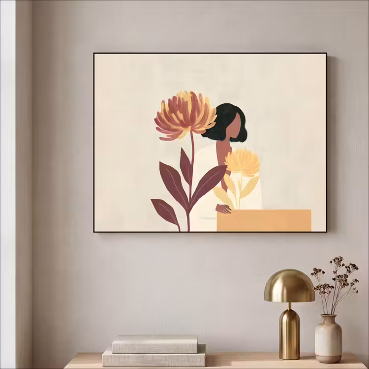 Vrouw - Minimalistisch - Bloem Textielframe zwart klein -sfeer2