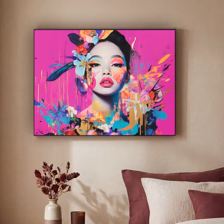 Vrouw - Portret - Abstract - Paars Textielframe - compleet frame klein -sfeer1