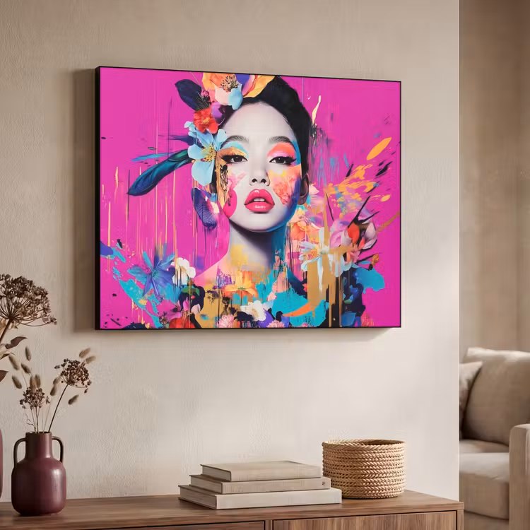 Vrouw - Portret - Abstract - Paars Textielframe - compleet frame klein -sfeer3