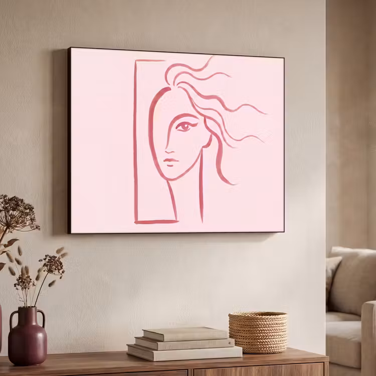 Vrouw - Portret - Abstract - Lijnkunst - Rood Textielframe zwart klein -sfeer3