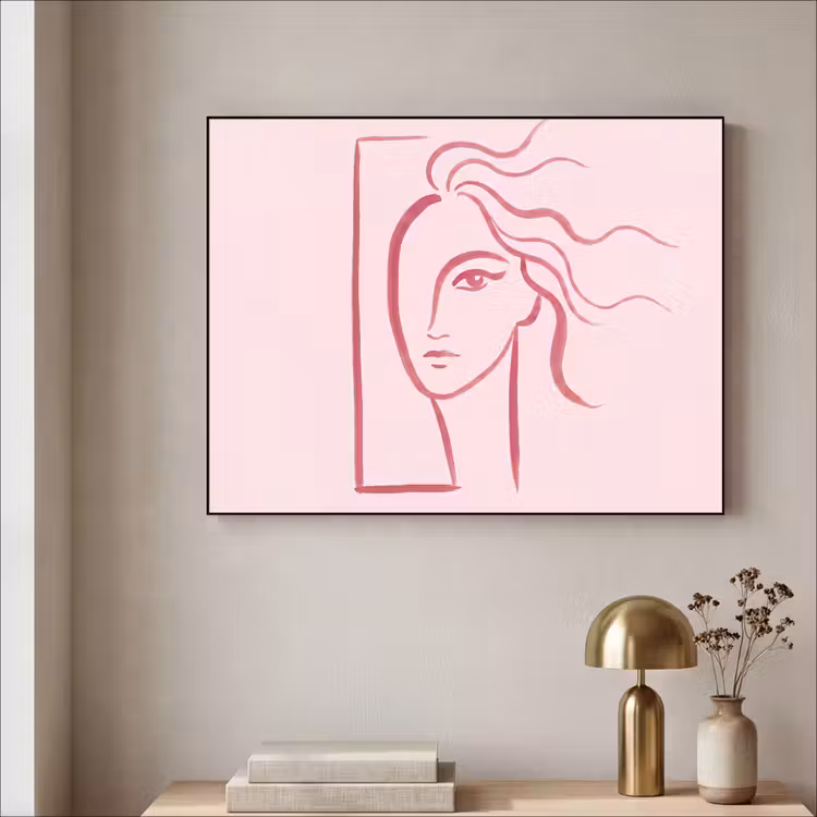 Vrouw - Portret - Abstract - Lijnkunst - Rood Textielframe zwart klein -sfeer2