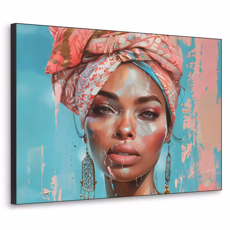 Vrouw - Portret - Blauw - Roze - Modern Textielframe zwart klein -3d