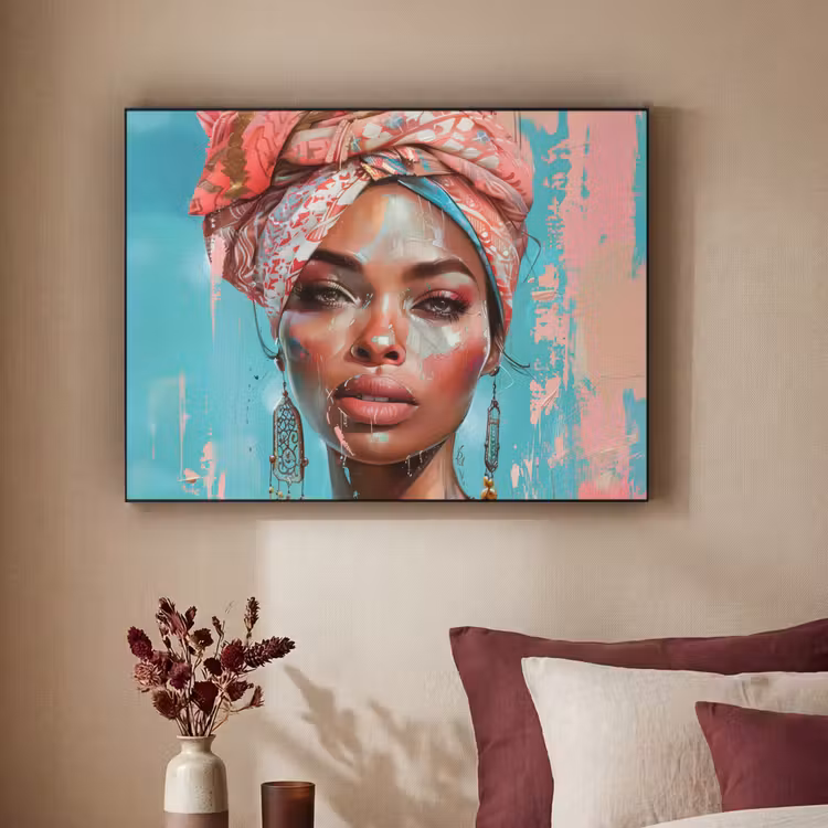 Vrouw - Portret - Blauw - Roze - Modern Textielframe zwart klein -sfeer1