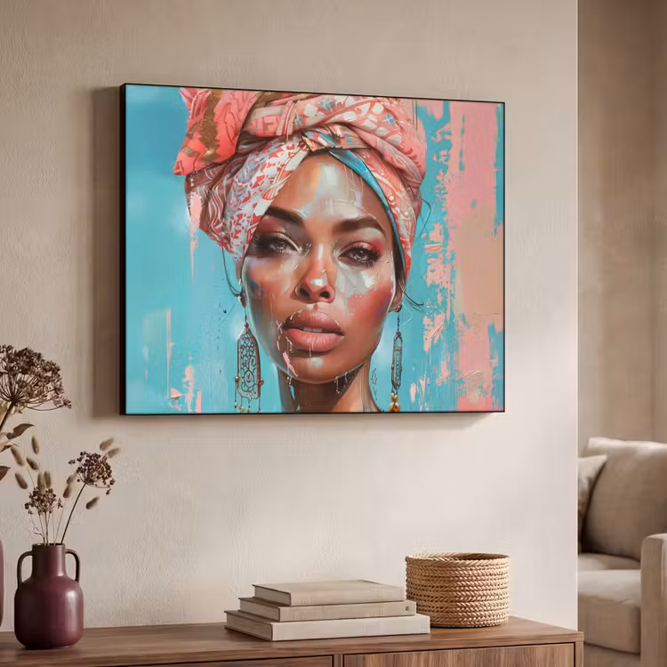 Vrouw - Portret - Blauw - Roze - Modern Textielframe zwart klein -sfeer3