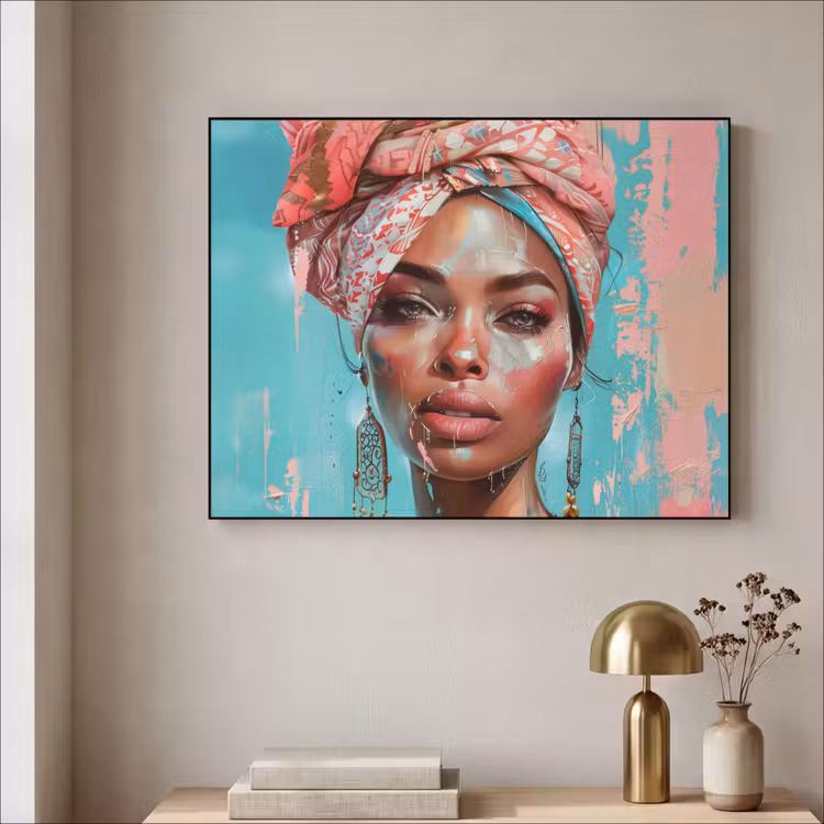 Vrouw - Portret - Blauw - Roze - Modern Textielframe zwart klein -sfeer2