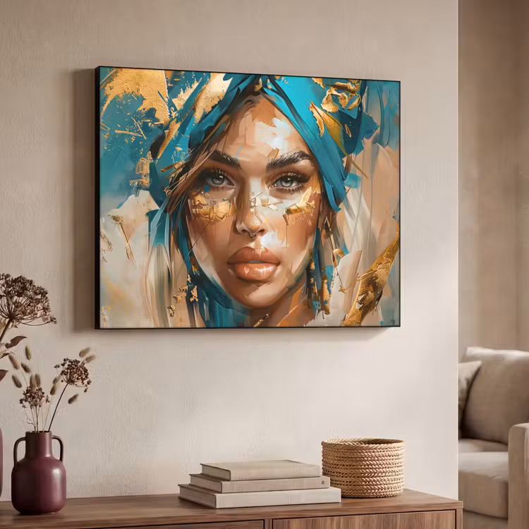 Vrouw - Portret - Goud - Luxe - Blauw Textielframe zwart klein -sfeer3
