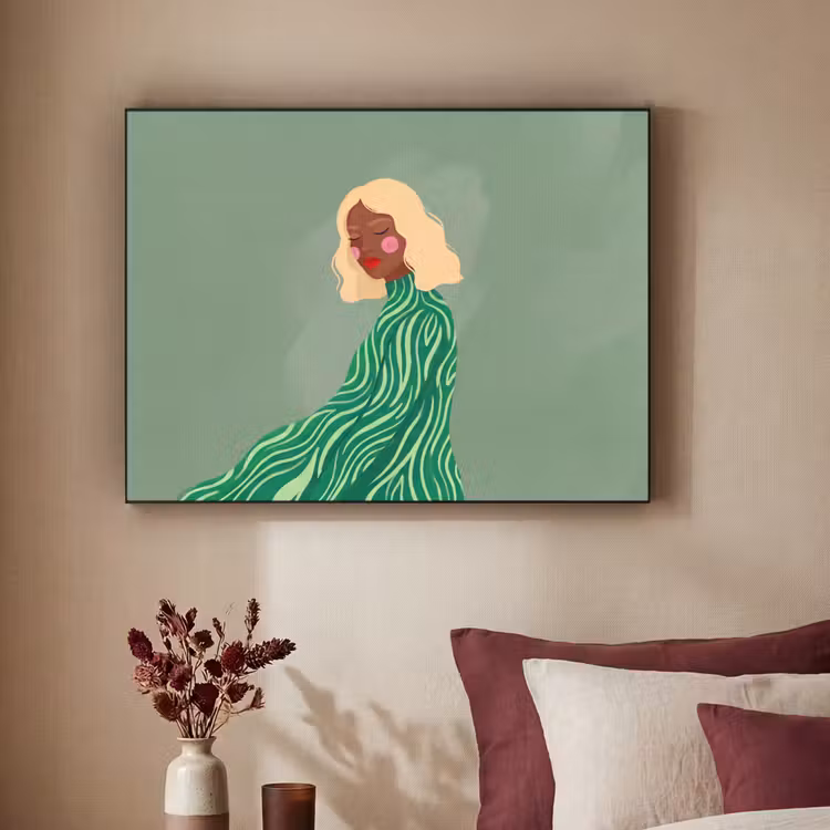 Vrouw - Portret - Illustratie - Modern - Groen Textielframe zwart klein -sfeer1
