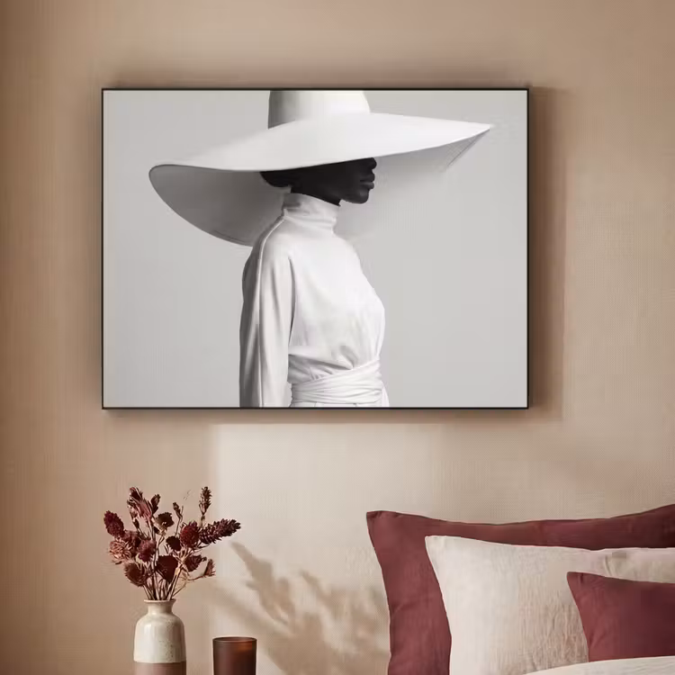 Vrouw - Profiel - Hoed - Zwart - Wit - Minimalistisch Textielframe zwart klein -sfeer1