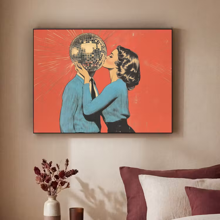 Vrouw - Retro - Discobal - Kus Textielframe zwart klein -sfeer1