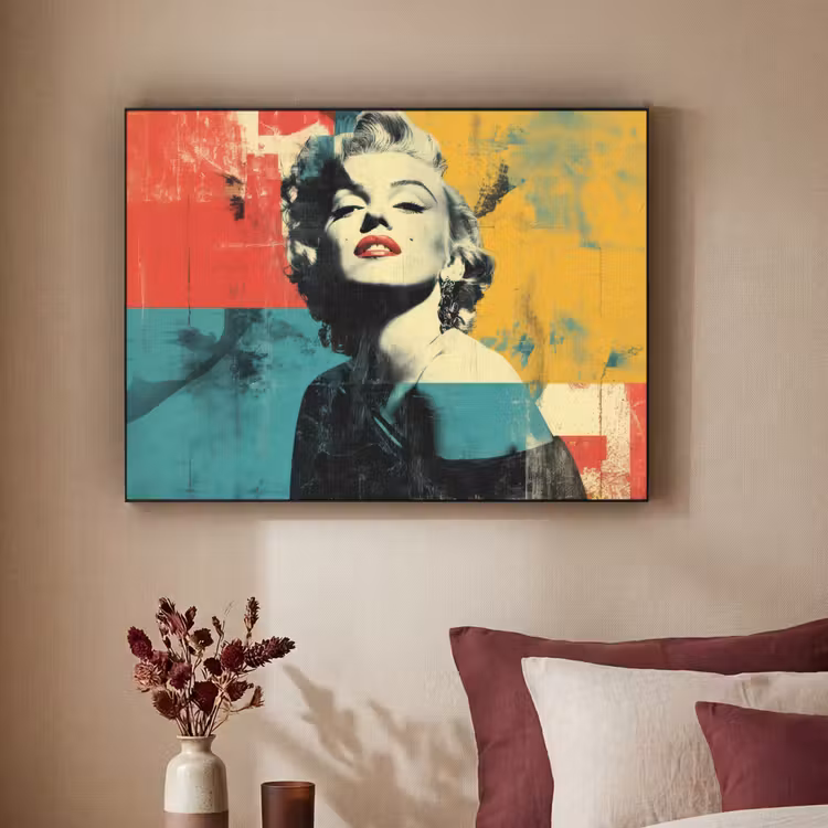 Vrouw - Rode lippen - Abstracte kleurvlakken - Popartuistraling Textielframe - compleet frame klein -sfeer1