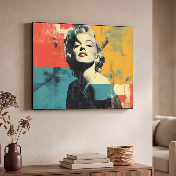 Vrouw - Rode lippen - Abstracte kleurvlakken - Popartuistraling Textielframe - compleet frame klein -sfeer3