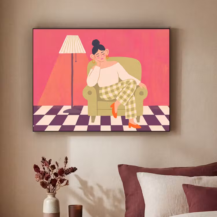 Vrouw - Rust - Interieur - Modern - Kunst Textielframe zwart klein -sfeer1