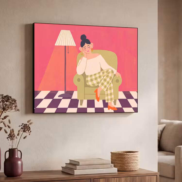 Vrouw - Rust - Interieur - Modern - Kunst Textielframe zwart klein -sfeer3