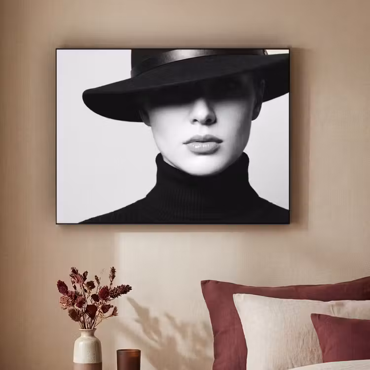 Vrouw - Schaduw - Zwart - Wit - Mysterieus Textielframe zwart klein -sfeer1