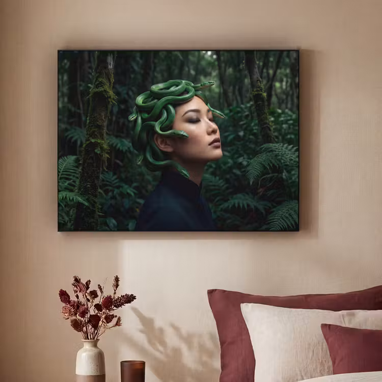 Vrouw - Slang - Natuur - Mystiek - Groen Textielframe zwart klein -sfeer1