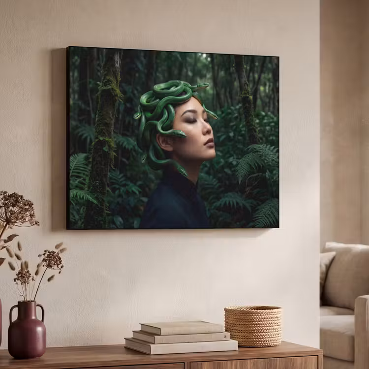 Vrouw - Slang - Natuur - Mystiek - Groen Textielframe zwart klein -sfeer3
