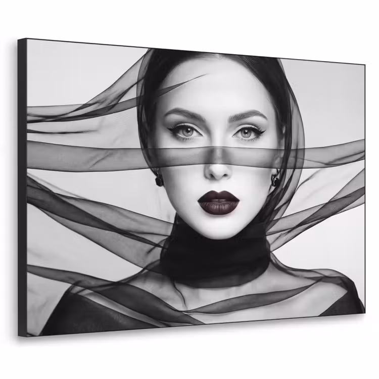 Vrouw - Sluier - Portret - Zwart - Wit - Elegant Textielframe zwart klein -3d