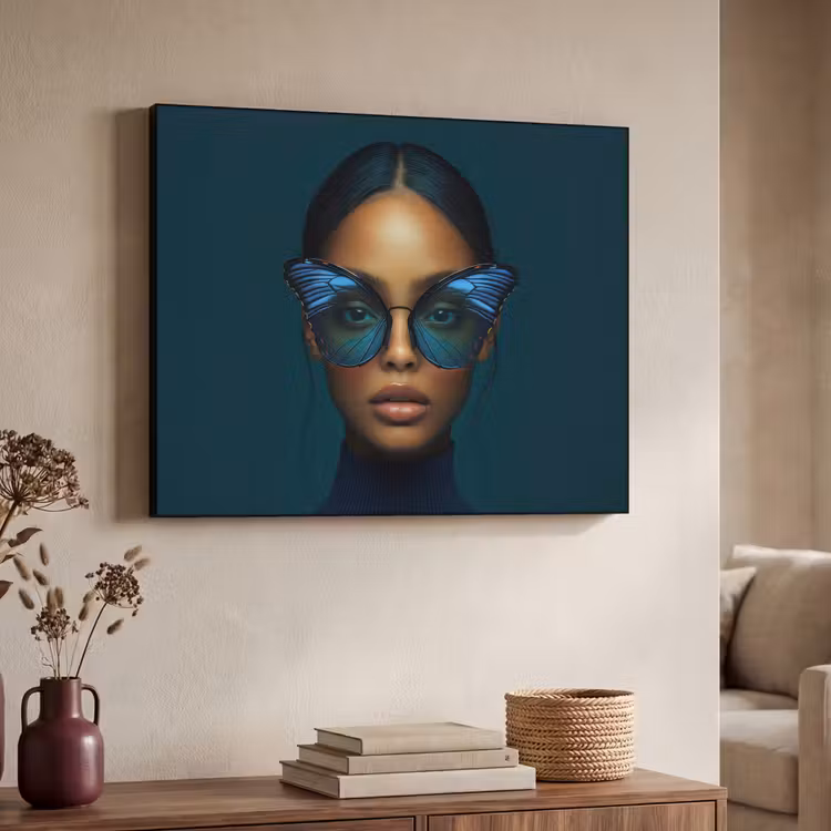 Vrouw - Vlinder - Bril - Blauw - Modern - Portret Textielframe zwart klein -sfeer3