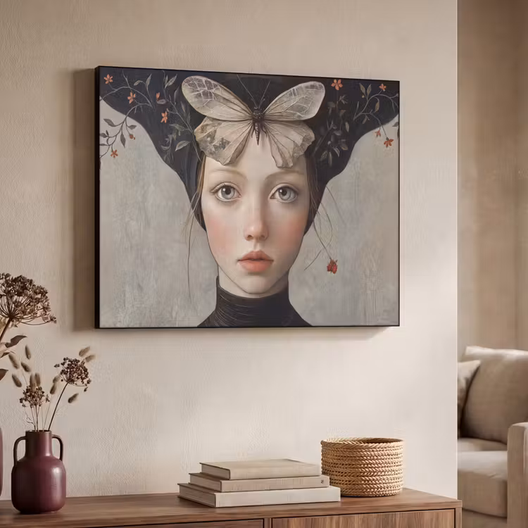 Woman - Butterfly - Art - Classic - Muted Textielframe zwart klein -sfeer3