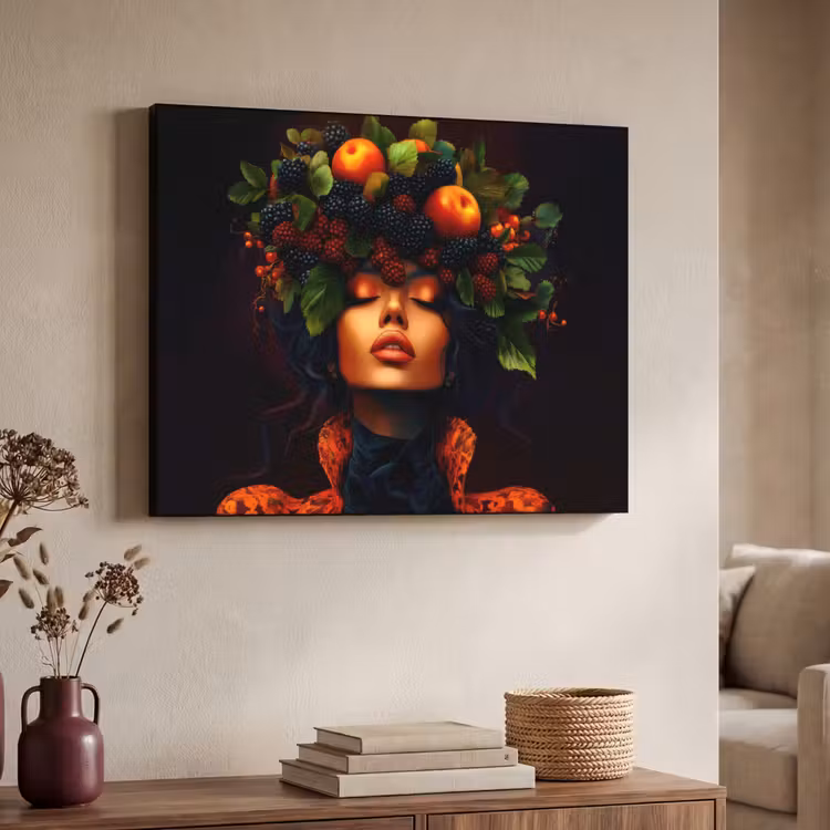 Vrouw - Zwart - Bessen - Bramen - Appels Textielframe zwart klein -sfeer3
