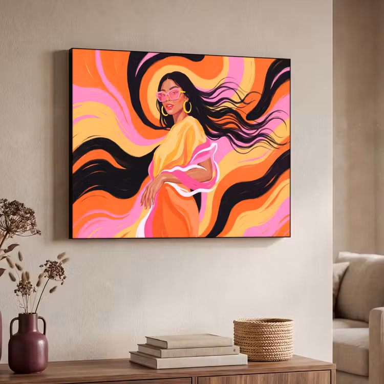 Vrouw - Zonnebril - Abstract - Kleurrijk Textielframe zwart klein -sfeer3