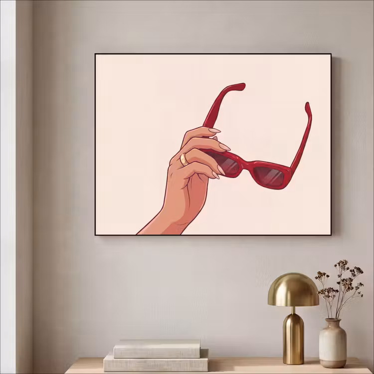 Vrouw - Zonnebril - Mode - Rood - Illustratie Textielframe zwart klein -sfeer2