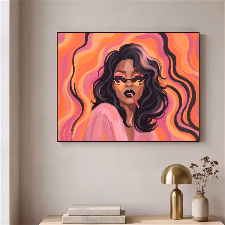 Vrouw - Zonnebril - Modern - Portret - Oranje Textielframe zwart klein -sfeer2