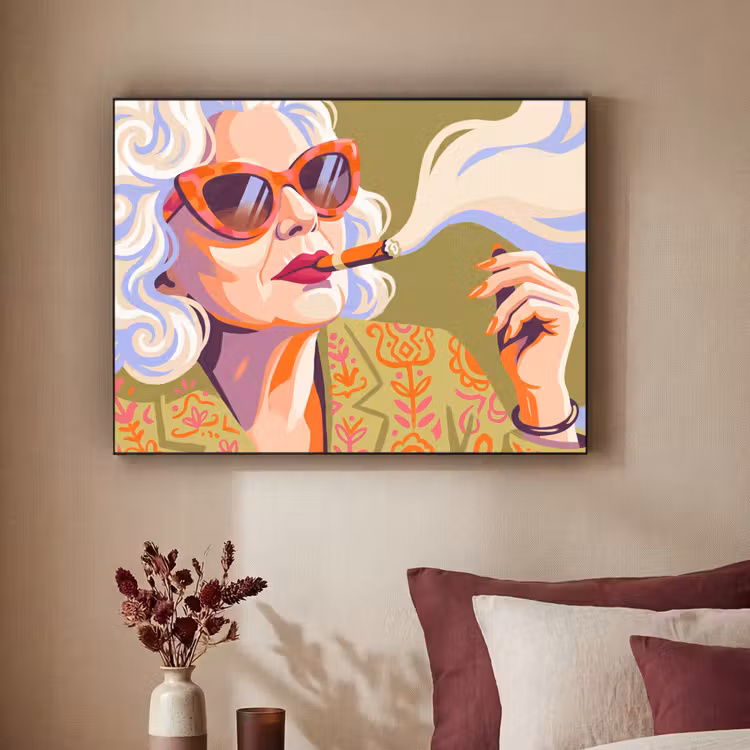 Vrouw - Zonnebril - Portret - Modern - Kleurrijk Textielframe zwart klein -sfeer1