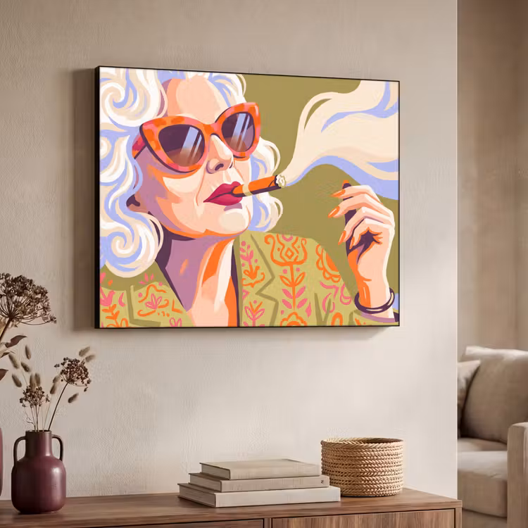 Vrouw - Zonnebril - Portret - Modern - Kleurrijk Textielframe zwart klein -sfeer3