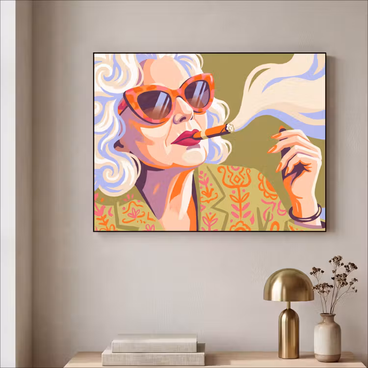 Vrouw - Zonnebril - Portret - Modern - Kleurrijk Textielframe zwart klein -sfeer2