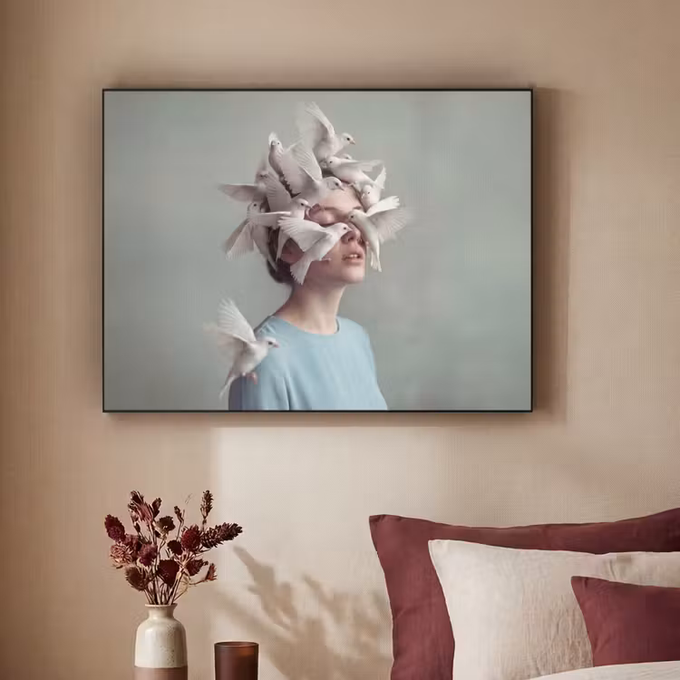 Vrouw - Vogels - Abstract - Modern - Wit Textielframe zwart klein -sfeer1
