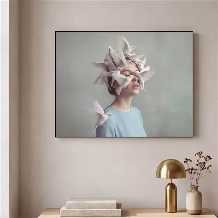 Vrouw - Vogels - Abstract - Modern - Wit Textielframe zwart klein -sfeer2