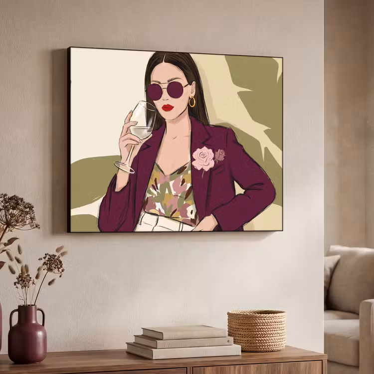 Vrouw - Wijn - Portret - Mode - Modern Textielframe zwart klein -sfeer3