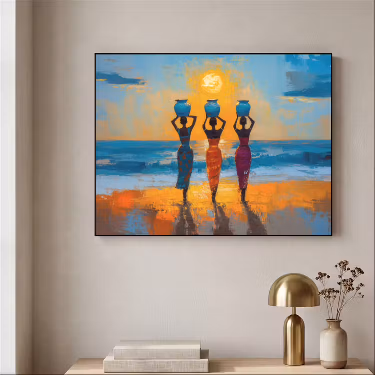 Vrouwen - Strand - Zondsondergang Textielframe zwart klein -sfeer2