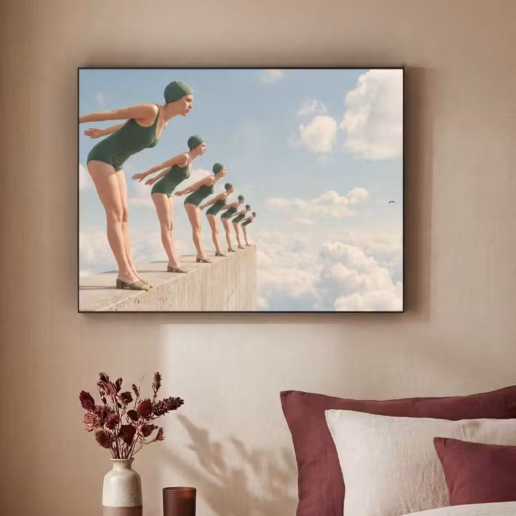 Art Frame - Frauen – Tauchhaltung – Wolken - Vrouwen - Duikhouding - Wolken Textielframe zwart klein