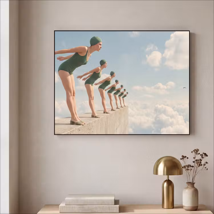 Art Frame - Frauen – Tauchhaltung – Wolken - Vrouwen - Duikhouding - Wolken Textielframe zwart klein