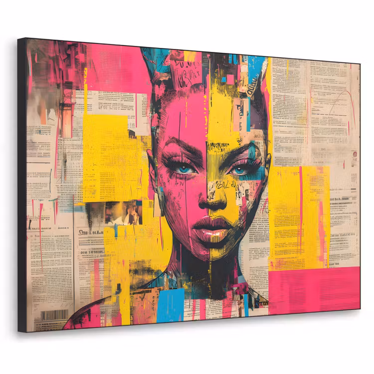 Vrouwengezicht - Krantenpapier - Abstract - Roze Textielframe zwart klein -3d