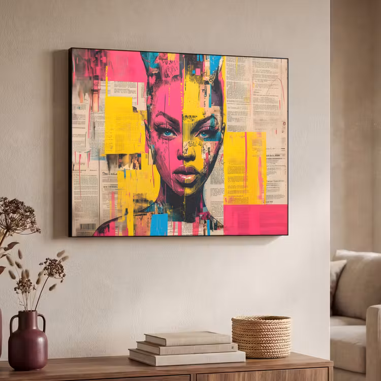 Vrouwengezicht - Krantenpapier - Abstract - Roze Textielframe - compleet frame klein -sfeer3