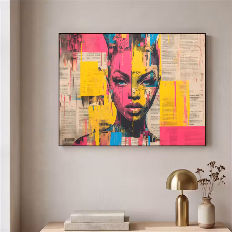 Vrouwengezicht - Krantenpapier - Abstract - Roze Textielframe - compleet frame klein -sfeer2