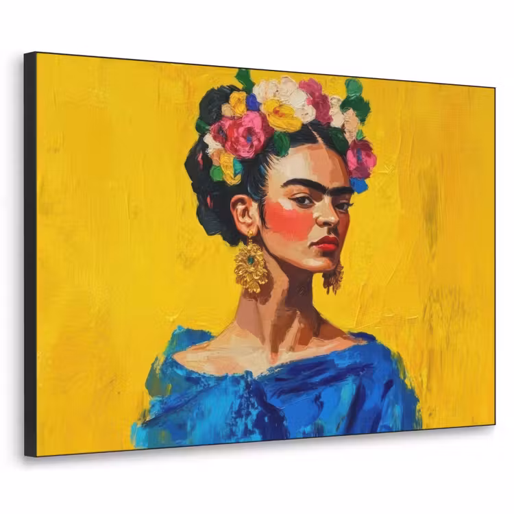 Frida Kahlo - Vrouw - Geel - Blauw - Bloemen Textielframe zwart klein -3d