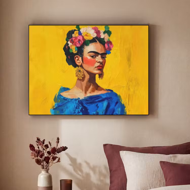 Frida Kahlo - Vrouw - Geel - Blauw - Bloemen Textielframe - compleet frame klein -sfeer1