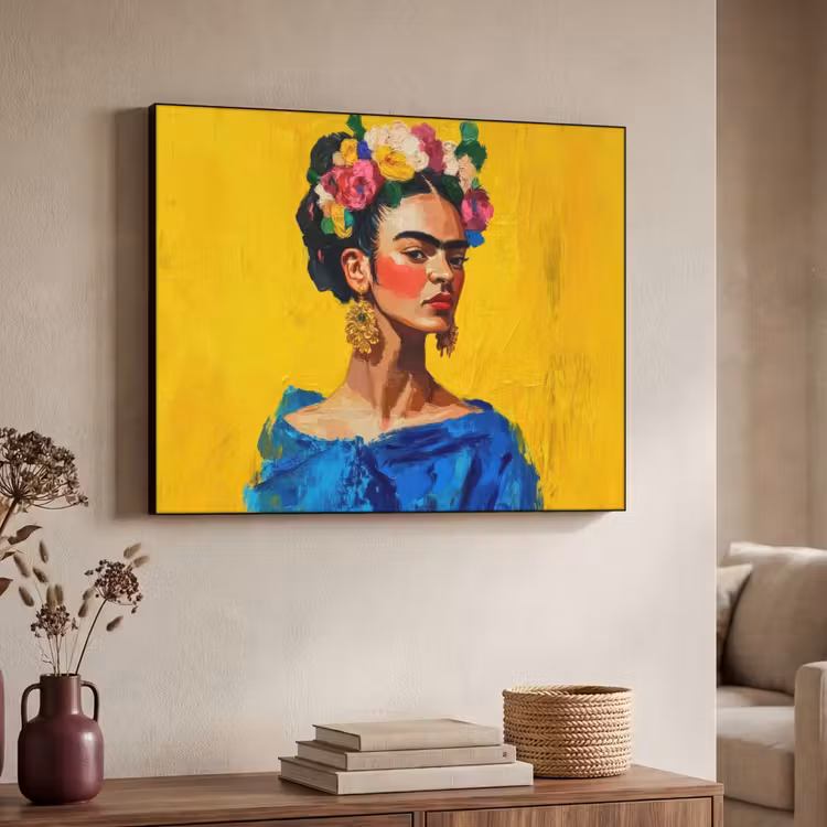 Frida Kahlo - Vrouw - Geel - Blauw - Bloemen Textielframe - compleet frame klein -sfeer3