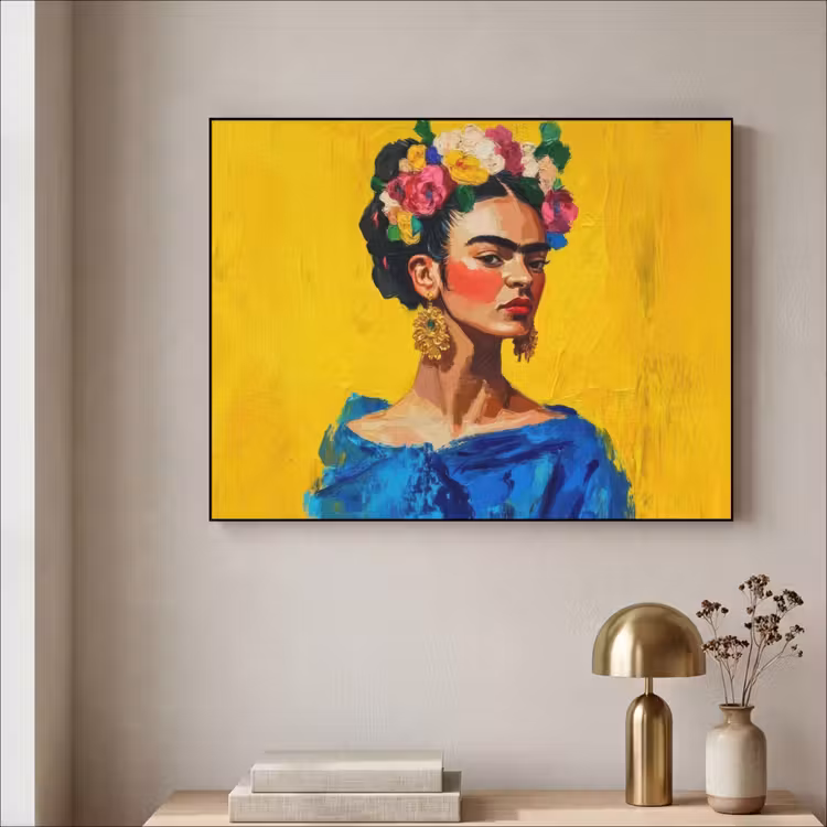 Frida Kahlo - Vrouw - Geel - Blauw - Bloemen Textielframe - compleet frame klein -sfeer2
