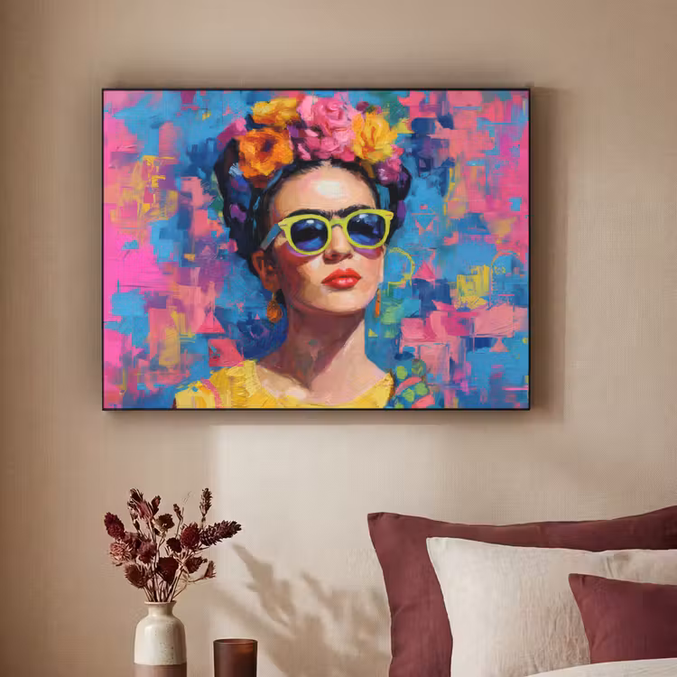 Vrolijk portret - Vrouw - Bloemenkroon Textielframe zwart klein -sfeer1