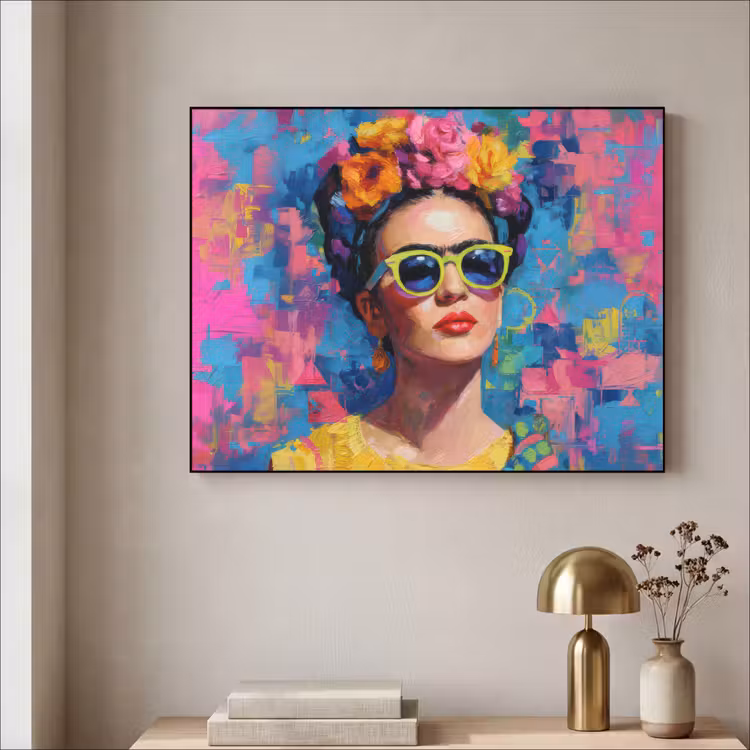 Vrolijk portret - Vrouw - Bloemenkroon Textielframe zwart klein -sfeer2
