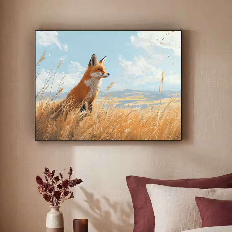Vos - Gras - Wolken - Oranje Textielframe zwart klein -sfeer1