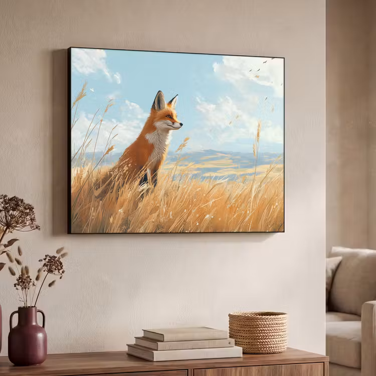Vos - Gras - Wolken - Oranje Textielframe zwart klein -sfeer3